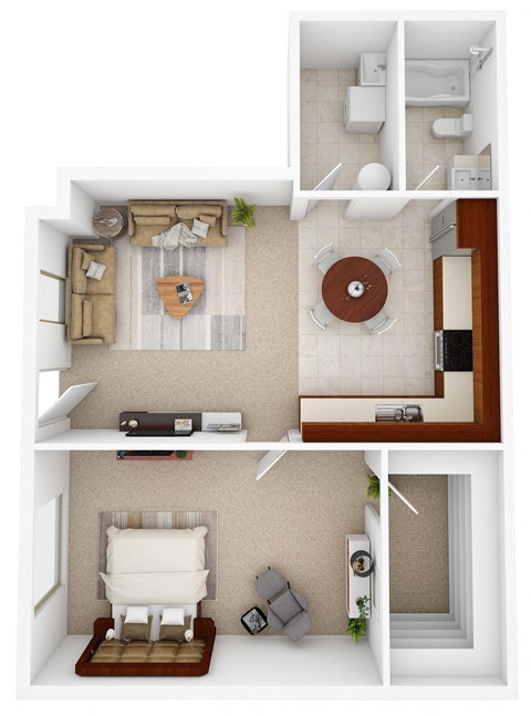 Floor plan for 1 bed, 1 bath, 715 sqft